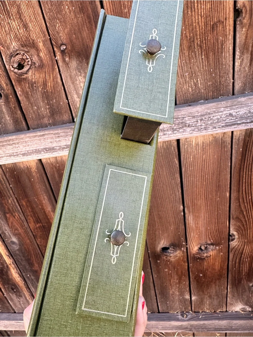 Vintage Cardboard/Leather-like Jewelry Box Green  1960's Trinket 2 Drawers